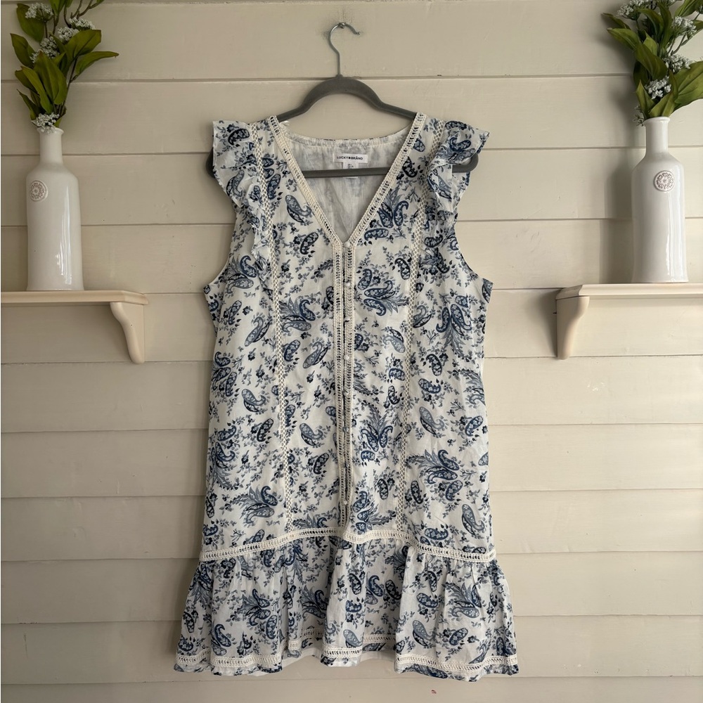 Lucky Brand Blue Paisley and Floral Flutter Sleeve Dress Size Large